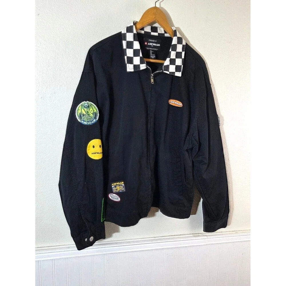 Forever 21 Airwalk Men L Black Checkerboard Zip Jacket Skate Graphic